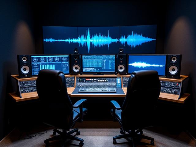 Studio de post-production audio avec plusieurs écrans et console de mixage