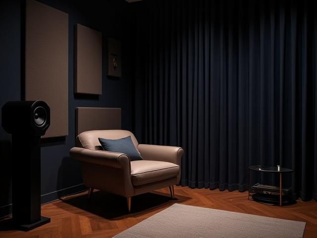 Salle d'écoute audiophile traitée acoustiquement à Lyon, fauteuil confortable et panneaux discrets