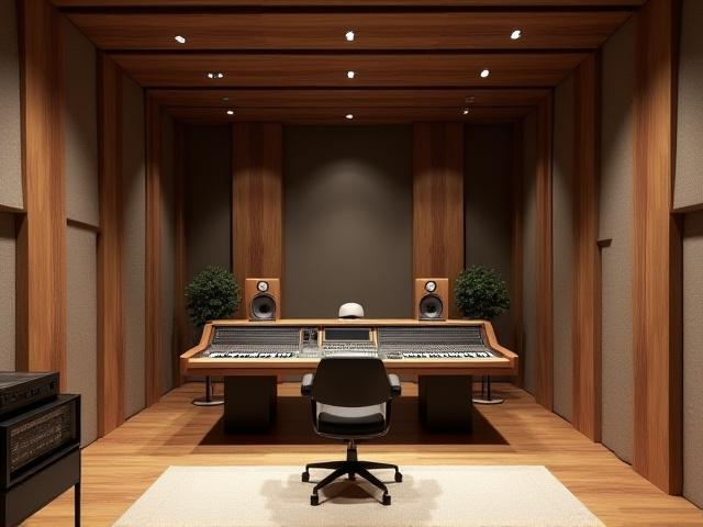 Aménagement 3D d'un studio d'enregistrement avec des panneaux acoustiques en bois