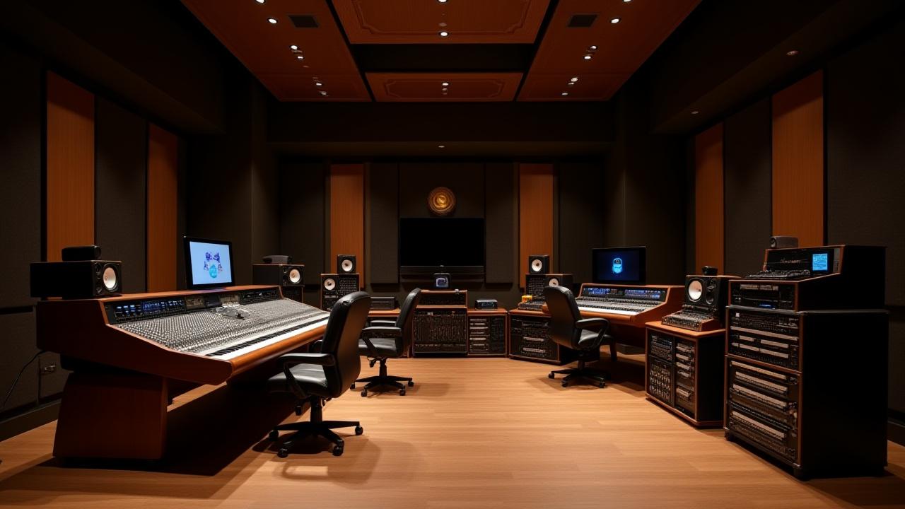 Vue d'ensemble d'un studio d'enregistrement professionnel avec traitement acoustique de haute qualité
